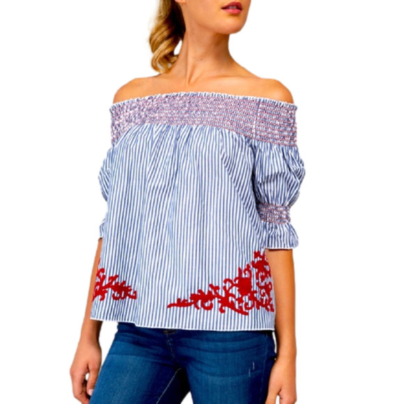 Westport embroidered smocked off shoulder blouse shirt size medium embroidered - Picture 1 of 13